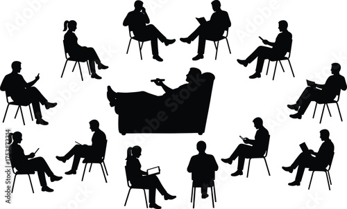  Group therapy silhouette vector set, seated discussion poses, counseling session illustration, collaborative interaction graphic, black figures for stock content use
