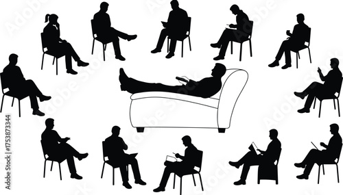  Group therapy silhouette, psychological evaluation vector, black illustration, seated people with clipboards, central figure on couch, mental health session, clinical concept
