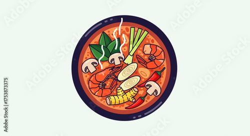Top down vector illustration of a bowl of Thai Tom Yum soup.