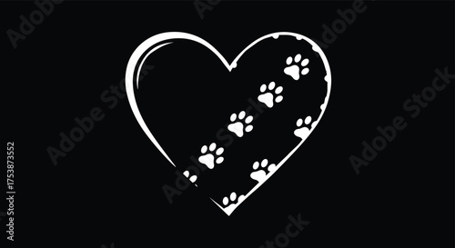  Heart with paw prints vector, pet love symbol, animal rescue logo, dog and cat care illustration, veterinary design, black white art