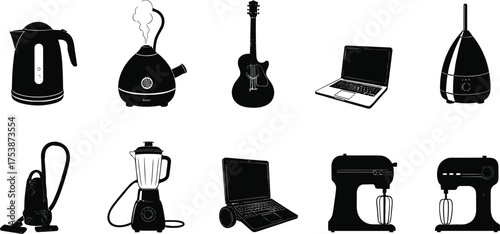 Modern home appliances and electronics collection, kitchen tools, laptop, guitar, humidifier, blender, mixer, black silhouette vector illustration design