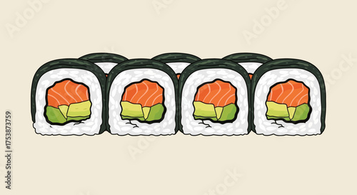 Delicious salmon and avocado sushi rolls arranged in a row.