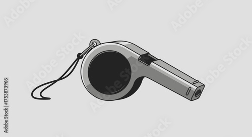 Silver Whistle with Black Lanyard on Gray Background.