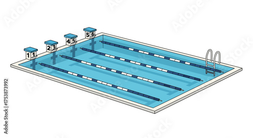 Isometric illustration of a swimming pool with starting blocks and lane lines.