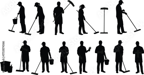  Janitor cleaning worker silhouettes with mop, bucket, and cleaning tools, professional maintenance staff vector illustration for hygiene, service, sanitation, and housekeeping concepts