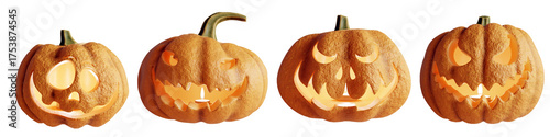Fotomural Set of four 3D-rendered spooky Jack-o'-lanterns with different carved faces-3d r