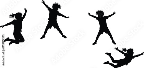  Jumping children silhouette, black vector illustration, playful motion, energetic pose, ponytail girls, mid-air action, joyful movement, expressive posture, outdoor fun concept