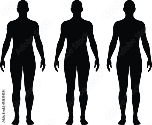  Male human body silhouette, standing posture, anatomical reference, black vector illustration, frontal view, fitness concept, isolated on white background