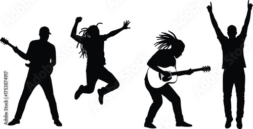 Music performer silhouette set, guitarist poses vector, celebration and performance illustration, dynamic rock concert graphic, black figures for stock content