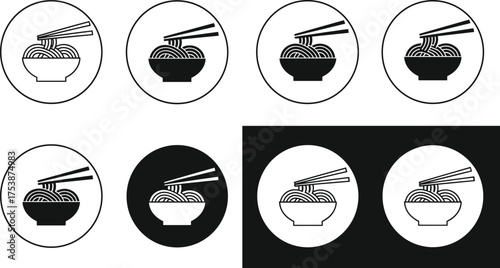  Noodle bowl with chopsticks vector illustration, ramen icon set in circle design, Asian food black and white silhouette symbols for restaurant logo