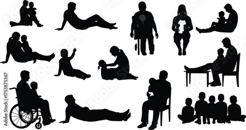 Parental silhouette vector set, family bonding, child interaction, caregiving moments, black figure illustration, adult and kid poses, stock content graphic