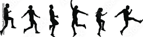  Running and jumping silhouettes, athletic motion vector, black isolated illustration, dynamic sports pose, exercise movement, sprinting action, human activity, fitness concept