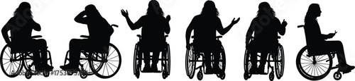  Silhouette illustration of a woman in a wheelchair with different gestures, expressing emotions, accessibility concept, disability awareness, inclusion and independence vector