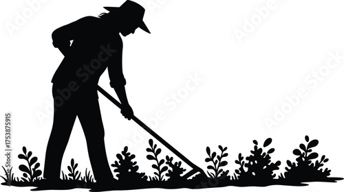  Silhouette illustration of farmer working in the garden with hoe, agriculture labor, rural lifestyle, hard work, cultivation, and farming activity concept vector