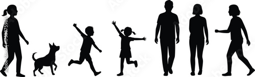  Silhouette illustration of happy family walking together with children and dog, leisure time, outdoor bonding, love, unity, and togetherness concept vector design
