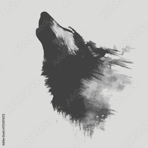 Abstract watercolor wolf howling, minimalist grunge illustration of a wild animal, artistic ink brushstroke design, grayscale wildlife art