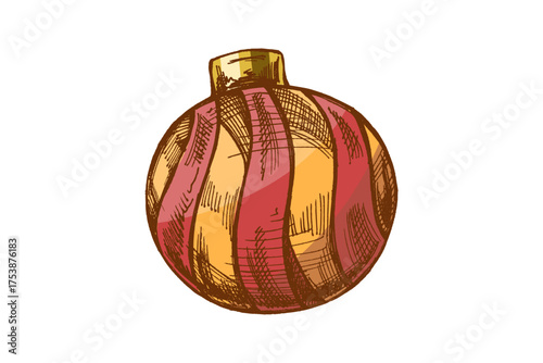 Hand drawn vintage sketch of Christmas ornament ball with red and gold stripes in color, festive illustration