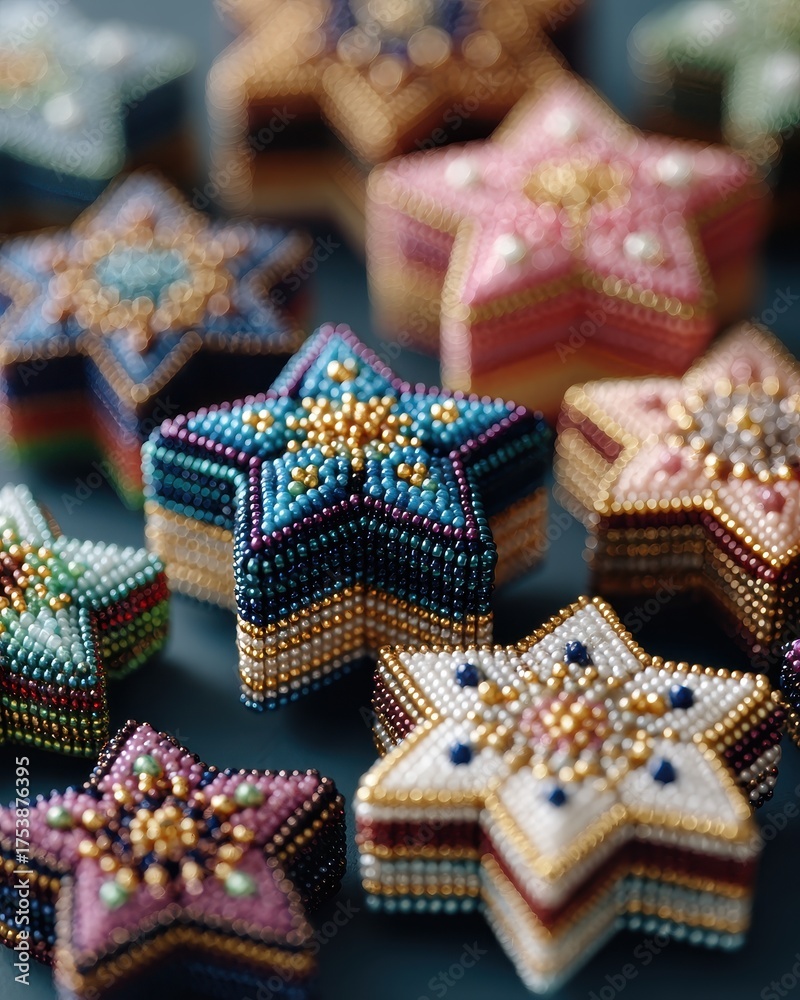 Fototapeta premium Colorful Decorative Star Shapes Made of Beads and Craft Materials