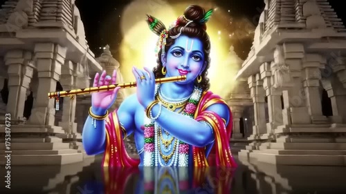 Krishna playing flute temple art.