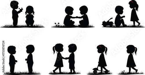  Silhouette kids playing, boy and girl friendship moments, childhood love, outdoor playtime illustration, cute children scene, vintage romantic vector design