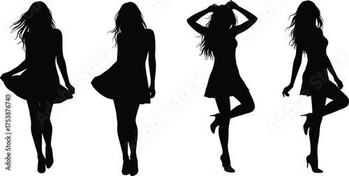  Silhouette illustration of young woman posing in dress, fashion model standing stylishly, feminine beauty concept, black vector art isolated design