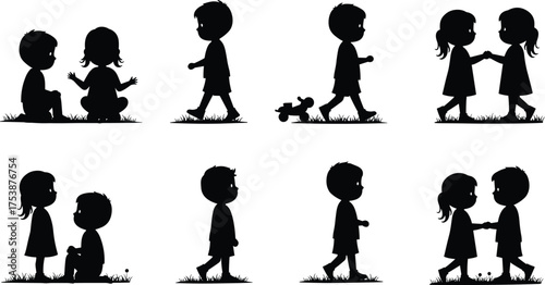  Silhouette kids playing, boy and girl holding hands, childhood friendship moments, outdoor playtime vector, cute children communication, vintage romantic illustration design