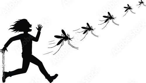  Silhouette of a person running away from mosquitoes, symbolizing insect attack, summer pest problem, mosquito control, and outdoor health protection concept illustration