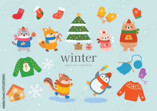 冬の動物たちのかわいいイラスト素材