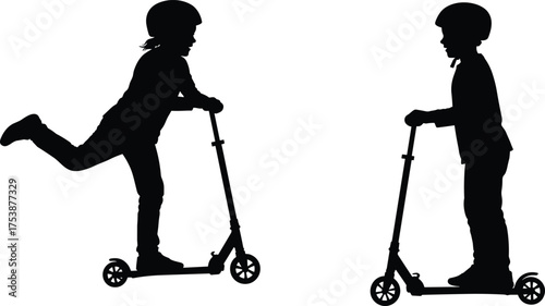 Silhouette of kids riding scooters wearing helmets, vector illustration for outdoor activity, childhood fun, recreation, transportation, and safety concept design