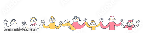 手つなぎ一列に並ぶ多様な人々　人と人のつながり・協力のイメージ	
