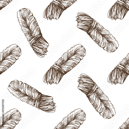Hand drawn vintage seamless pattern of smoked braided cheese in monochrome style, detailed dairy food background illustration
