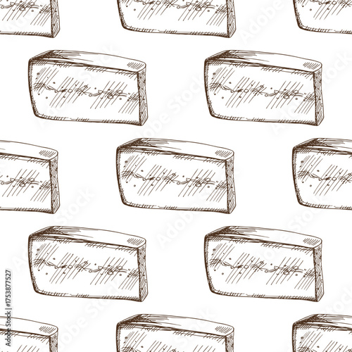 Hand drawn vintage seamless pattern of cheese wedges with texture in brown line art style isolated vector illustration