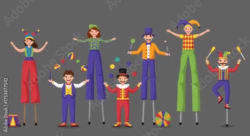 Vibrant Circus Performers A Colorful Illustration of Stilt Walkers and Jugglers