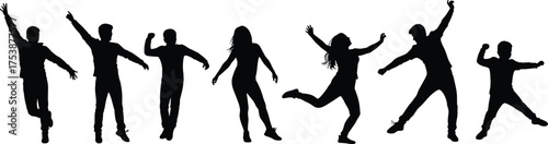Silhouette of happy people jumping, dancing, celebrating freedom and success, teamwork joy, group fun energy, youthful lifestyle concept, positive motion illustration