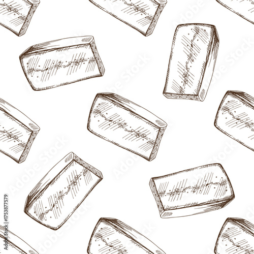 Hand drawn vintage seamless pattern of cheese wedges with texture in brown line art style isolated vector illustration