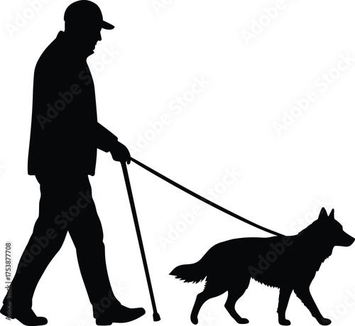  Silhouette of man walking dog with cane, pet care illustration, senior walking companion animal, outdoor activity, loyalty, friendship, healthy lifestyle concept