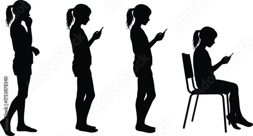  Silhouette of young woman using smartphone in various standing and sitting postures showing modern technology addiction and digital lifestyle concept