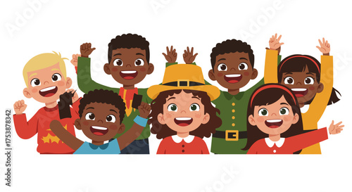 Diverse Group of Children Waving and Smiling