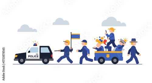Whimsical Police Chase Illustration Cartoon Cops and Miniature Car