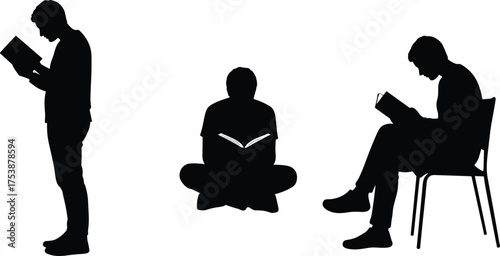  Silhouettes of three people reading books in varied postures standing cross-legged and seated on chair, reading ergonomics, education, study lifestyle