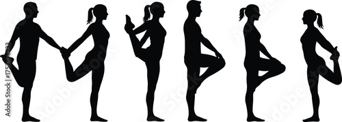  Standing quadriceps stretch, fitness silhouette illustration, male and female workout pose, leg balance exercise, physiotherapy posture, gym warm-up vector art