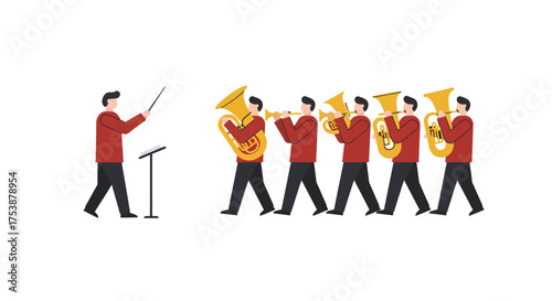 Flat Vector Illustration of a Conductor Leading a Brass Band Playing Music