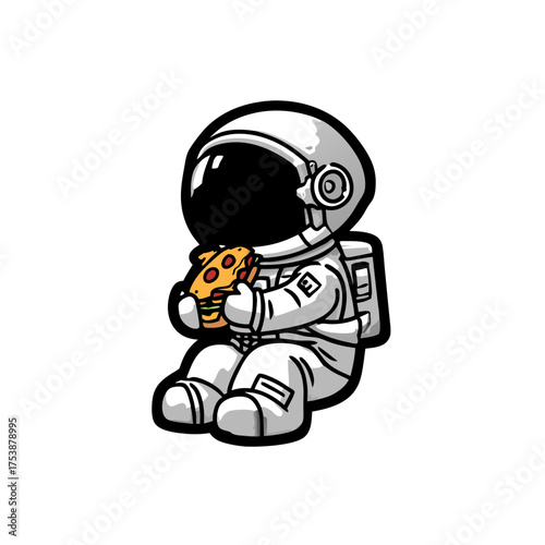 Cute cartoon astronaut in a space suit enjoying a slice of pizza, playful comic style illustration for technology, food, or science.