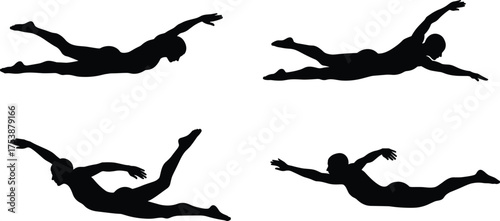  Swimming silhouette illustration, freestyle and butterfly stroke vector, dynamic water sport poses, athletic motion concept for fitness, training, competition, pool activity content