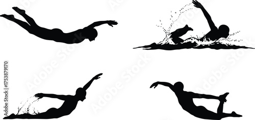  Swimmer silhouettes in motion, swimming poses collection, sports training vector illustration, athlete diving, freestyle stroke, butterfly and backstroke exercise concept design.