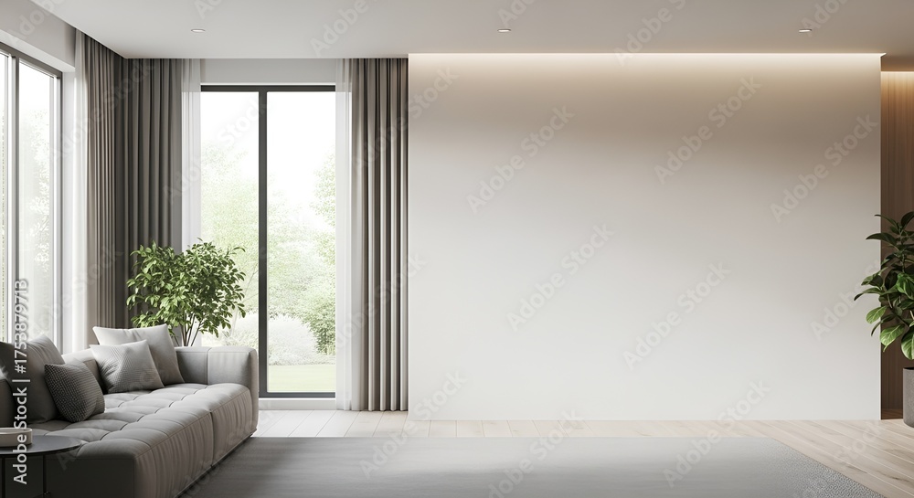 Fototapeta premium Modern Minimalist Living Room Interior with Empty White Wall and Cozy Sofa, Ideal for Copy Space.