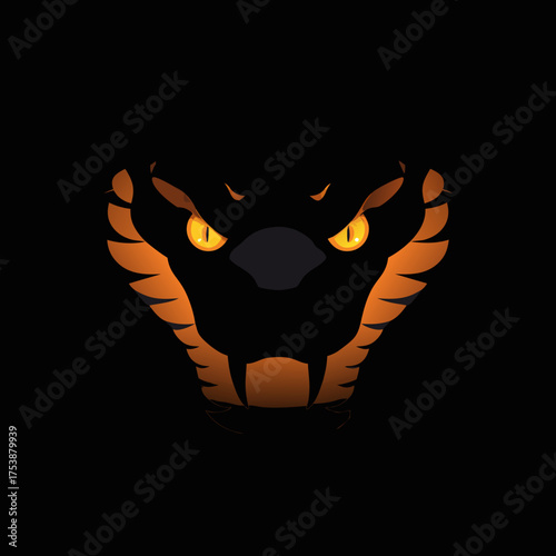 Vector illustration of a dangerous snake head with glowing orange eyes on a dark black background, predatory wildlife concept.