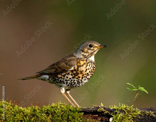 A speckled thrush stands poised on moss with blurred forest backdrop