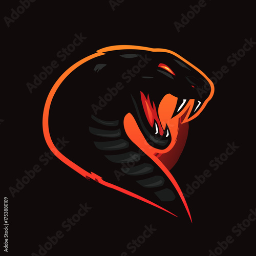 Intense black cobra snake head with vibrant orange glow and sharp fangs, modern aggressive design for esports and gaming teams.
