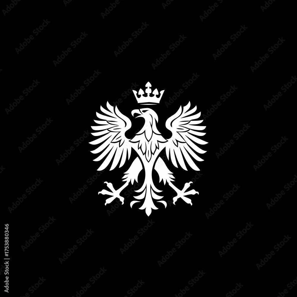 Obraz premium Regal crowned eagle in heraldic style, a majestic bird of prey symbol of power and nobility on a black background. Vector illustration.